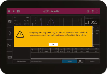 implen-uv-vis-spectrophotometer-NanoPhotometer-Structural-Biology-Applications-warning-screen-Bad-purity-ratio