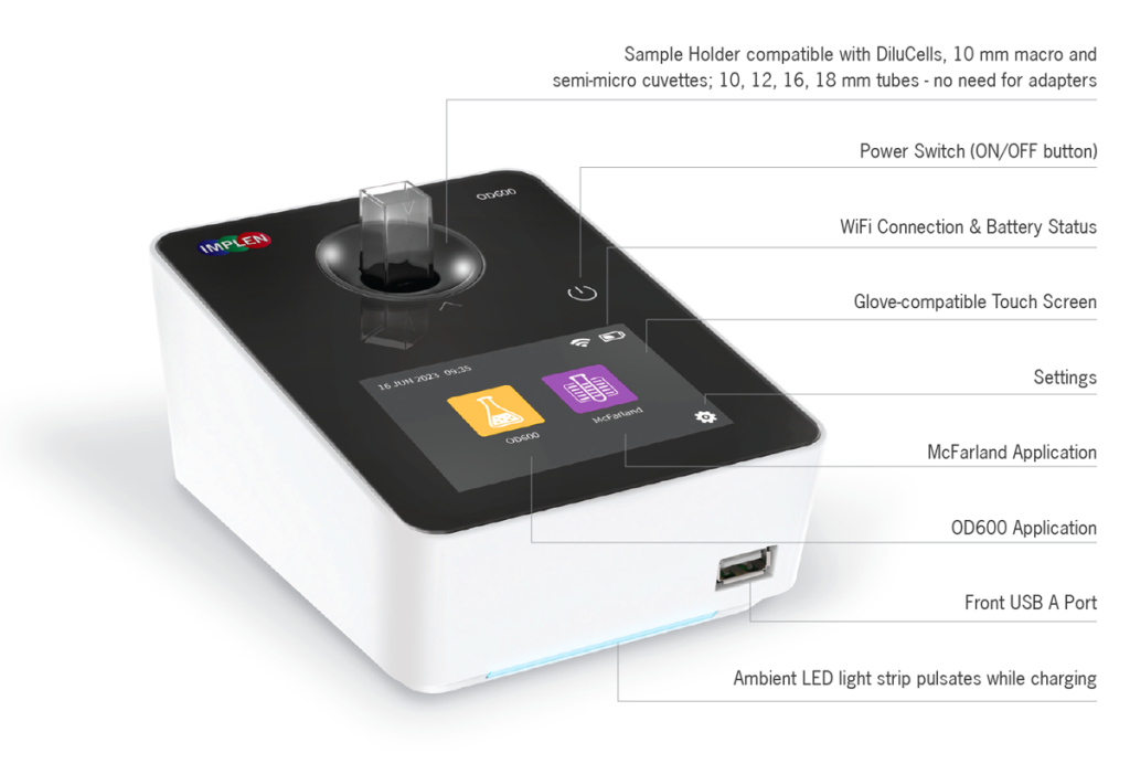 Implen-OD600-McFarland-applications-device-features-microbiology-Optical-density-at-600-nm-Turbidity-standards-front